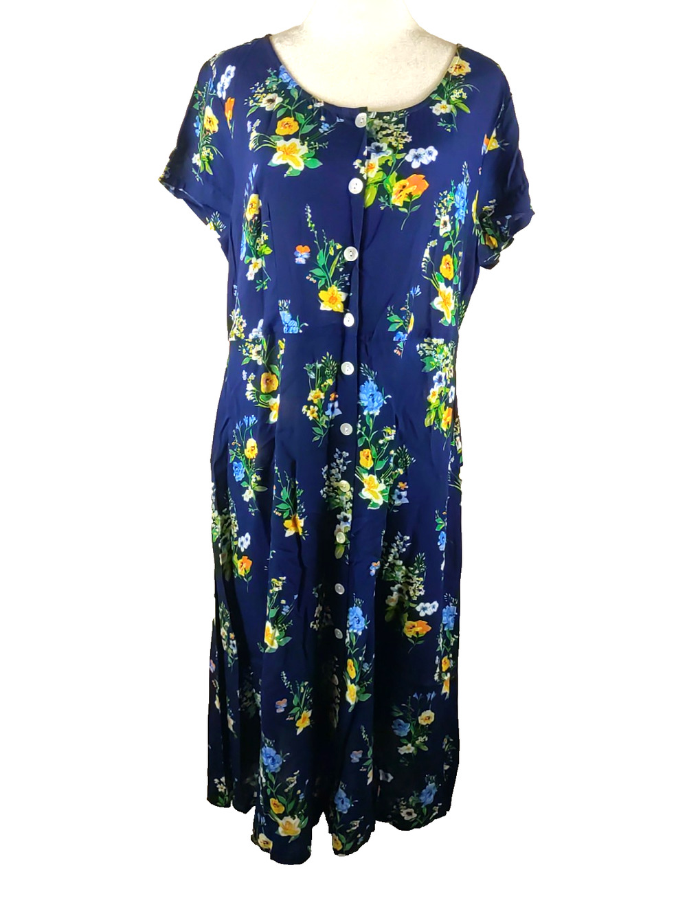 L A Gear Vintage Y 2 K Modest Women's Dress Size Large Front Button Blue Floral